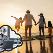 senior couple on beach with grandkids