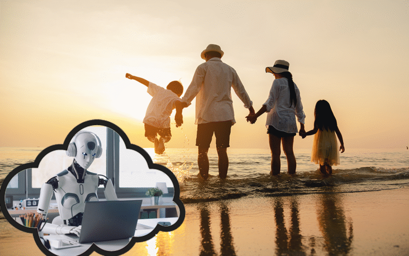senior couple on beach with grandkids