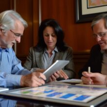 3 seniors sitting around desk with tablet