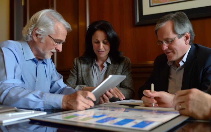 3 seniors sitting around desk with tablet