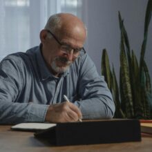 SENIOR GENT WRITING AT DESK
